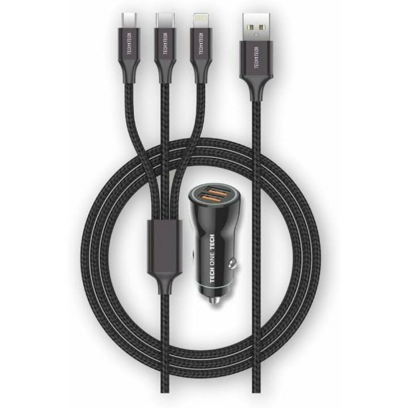 Caricabatterie per Auto USB Universale + Cavo Tech One Tech Doppia USB x 2