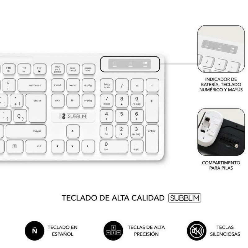 Teclado e Rato sem Fios Subblim SUBKBC-CSSW11 Branco Qwerty espanhol