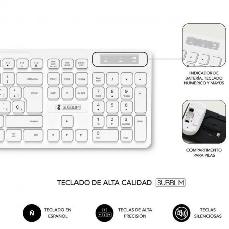 Tastiera e Mouse Wireless Subblim SUBKBC-CSSW11 Bianco Qwerty in Spagnolo