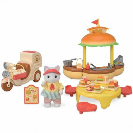 Zubehör für Puppenhaus Sylvanian Families Puesto de hamburguesas - Papa Latte Cat y Scooter 30 Stücke