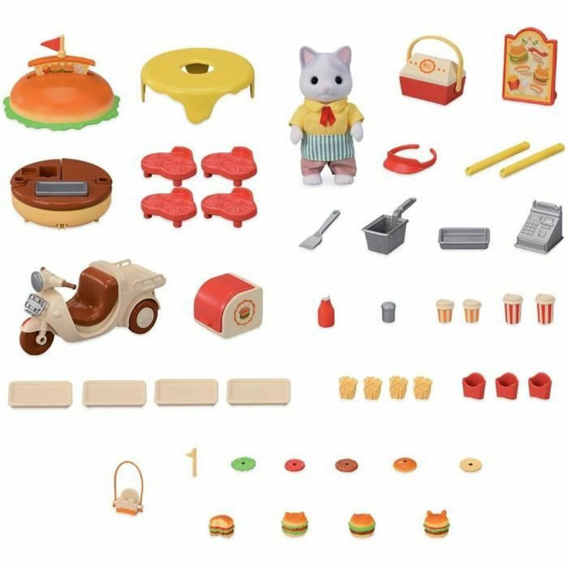 Accessoires pour poupées Sylvanian Families Puesto de hamburguesas - Papa Latte Cat y Scooter 30 Pièces