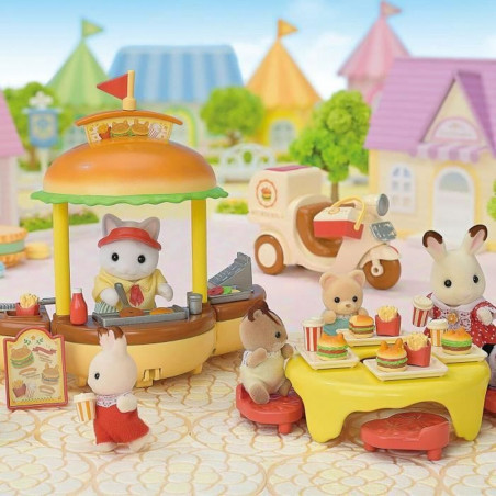 Accessoires pour poupées Sylvanian Families Puesto de hamburguesas - Papa Latte Cat y Scooter 30 Pièces