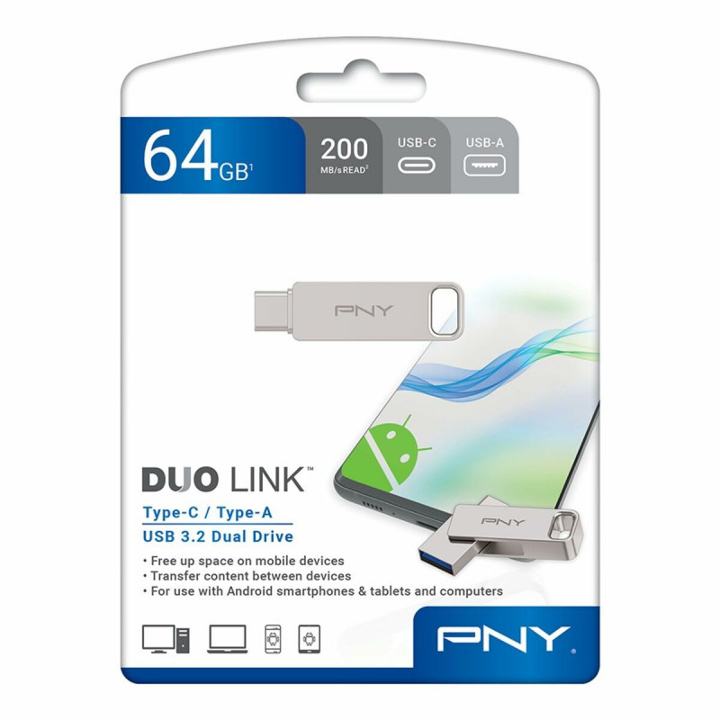 Memoria USB PNY PFDI64GDULINKTYCG Argentato Acciaio 64 GB