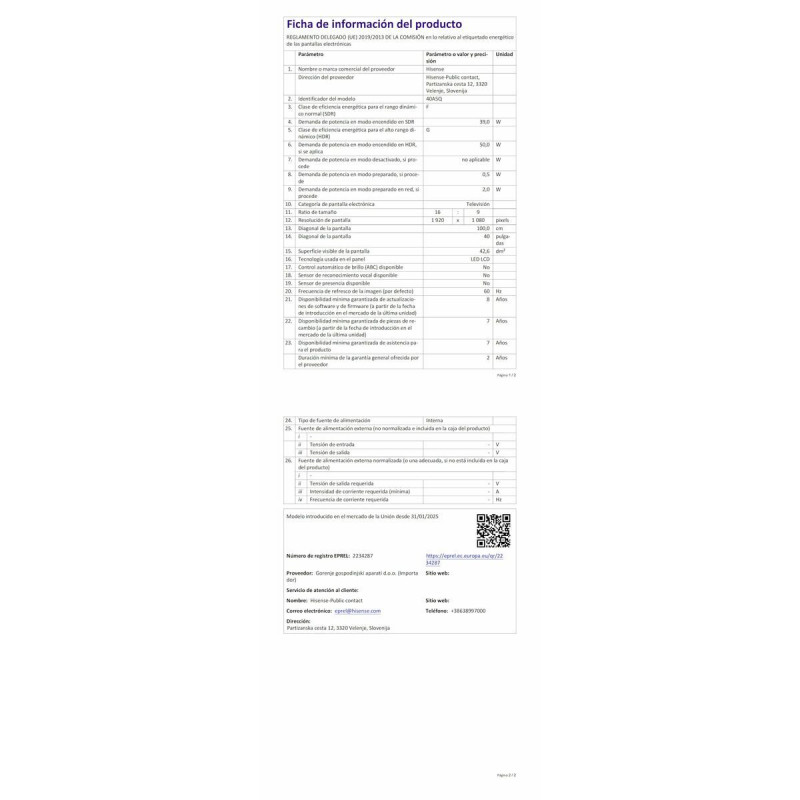 TV intelligente Hisense 40A5Q 40" Full HD HDR HDR10 QLED