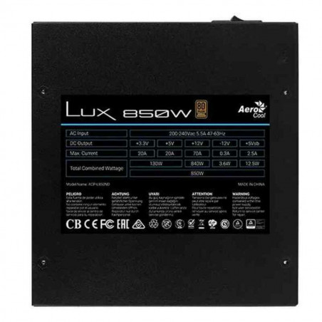 Bloc d’Alimentation Aerocool LUX850 Noir 850 W